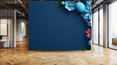 Flat lay frame with blue Easter eggs and paper flowers on navi background. Happy Easter concept banner with copy space. Top view design for spring  template, card, poster, ads. Wall mural